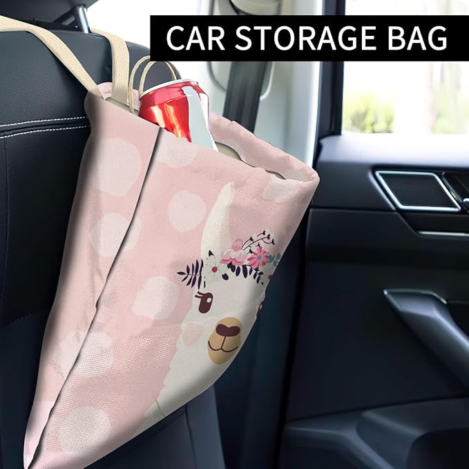 Cute Pink Llama Car Trash Can, Organizer & Storage Bag, 5L Capacity, Anti-Slip, Multipurpose
