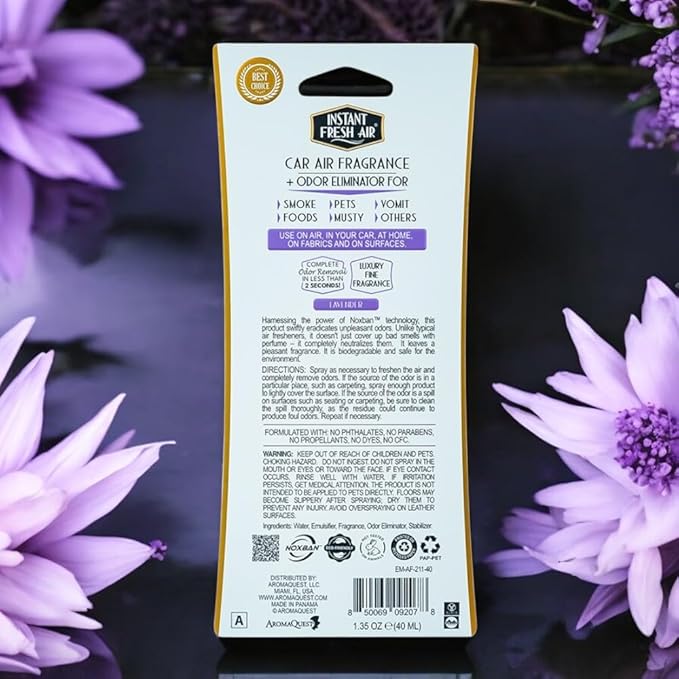 2-Pack: Dual-Action CAR AIR Freshener Lavender - Instantly Eliminates Odors from Smoke, Food, Pets, Must and more in 2 Seconds, For Commuters, Pet Owners, Rideshare Drivers,1.35 Oz - INSTANT FRESH AIR
