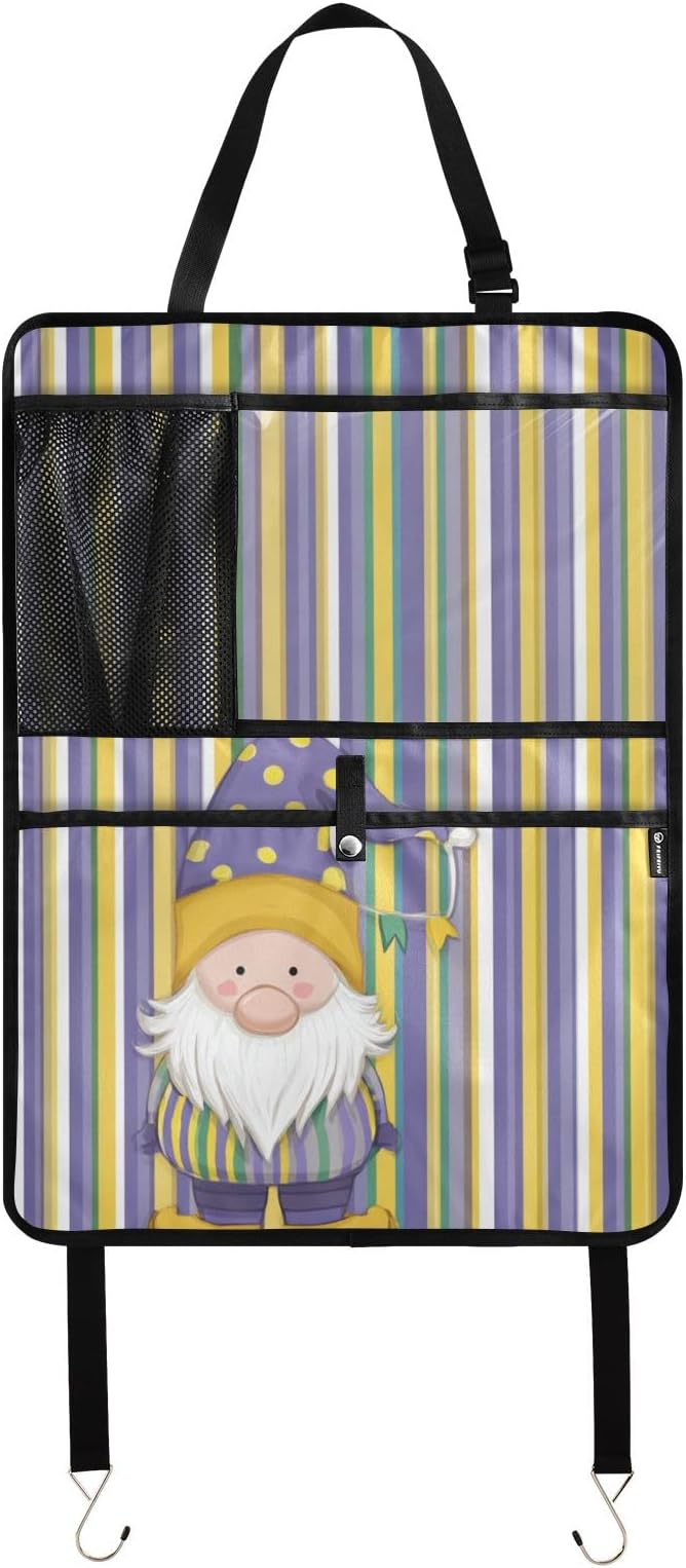 1 Pack Back Seat Car Organizer with Storage Pockets Kick Mats Back Seat Protector Hanging Car Organizer Automotive Seat Back Cover Organizers Stripe Mardi Gras Gnome