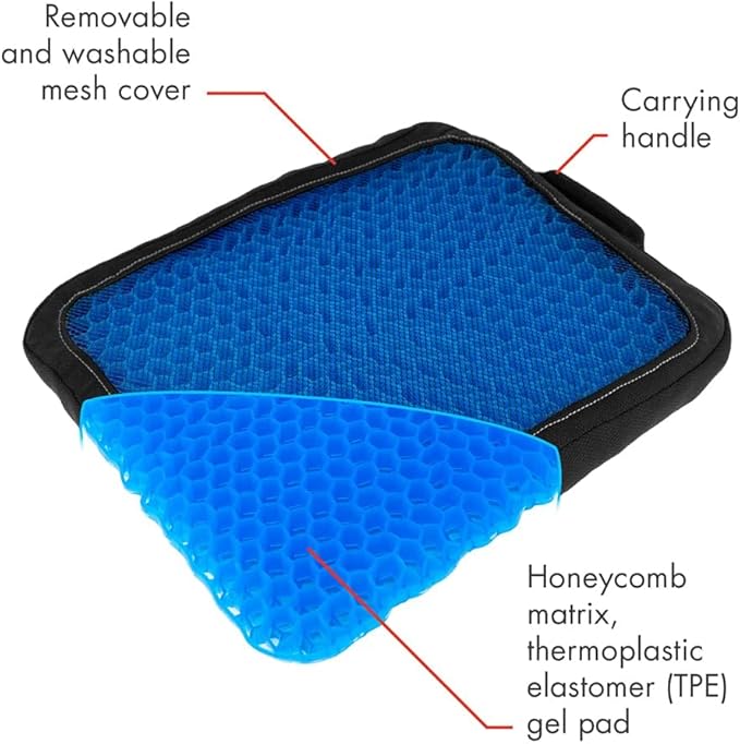 HEALTHMATE Comfy Gel Cushion Gel Seat Cushion for Long Sitting for Back, Sciatica and Tailbone Pain Relief, for Office Chair, Car, Wheelchair, Long Trips (Square)