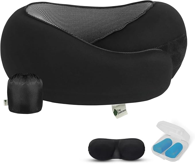 Travel Neck Pillow 100% Memory Foam, Ergonomic 360° Support Pillow for Flights, Car, Office & Train, Breathable Travel Essentials for Adults & Kids, Neck Pain Relief, (BLACK)