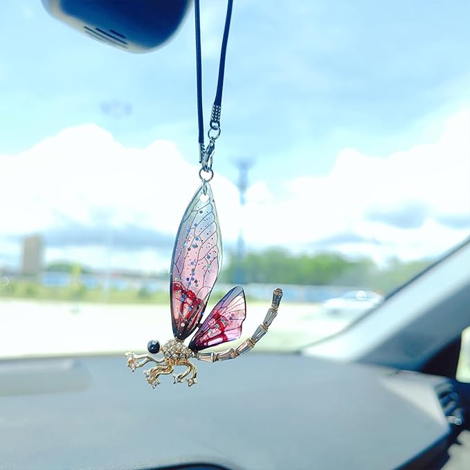 Bling Car Accessories for Women Interior, Diamond-Encrusted Dragonfly Rear View Mirror Accessories, Cute Car Decor Hanging Ornament Bag Charms Home Decor