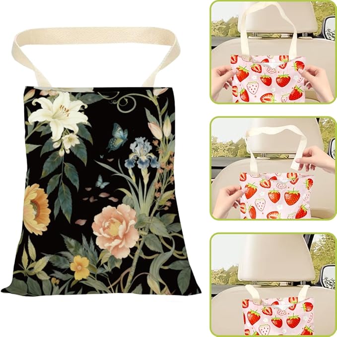 Car Trash Can Rose Floral Car Trash Bag Hanging Vintage Flowers Pattern Polyester Washable Waterproof Cute Organizer Storage Can for Vehicle Interior Travel Accessories Reusable Leak Proof