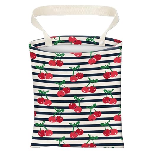 Car Trash Can, Cute Car Trash Bag, Hanging Car Organizer and Storage Bag, Trash Bin for Car Accessories, Vehicle, Travelling, Camping Cute Red Cherry Stripe