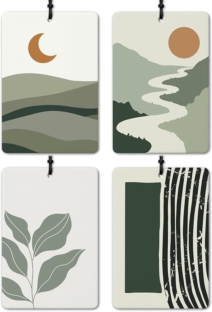 Boho Green Car Air Freshener 4 Pcs, Mid Century Modern Sun Moon Mountain Plant Striped Air Freshener Hanging for Cars Books Closet Drawer, Green Car Accessories for Women Men