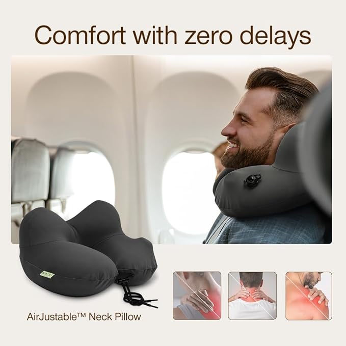 Coop Home Goods AirJustable Travel Neck Pillow, Inflatable, Adjustable Support for Neck & Chin, Compact Travel Pillow, Soft Memory Foam Comfort, Airplane Travel Essentials, Cooling & Washable Cover