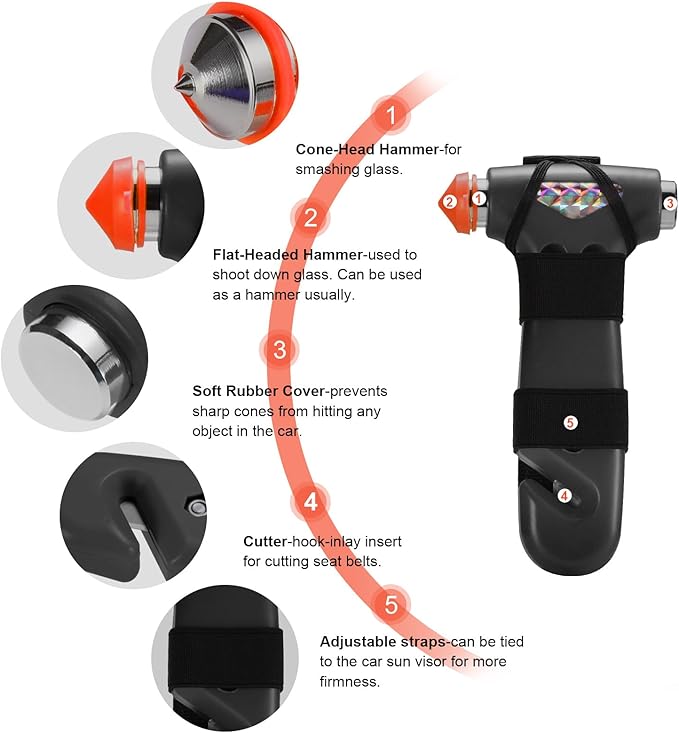 THINKWORK Car Safety Hammer, 3-in-1 Emergency Escape Tool with One Second Window Breaker and Seat Belt Cutter, Safety Emergency Car Escape Tool for Car, Office, Home, Black