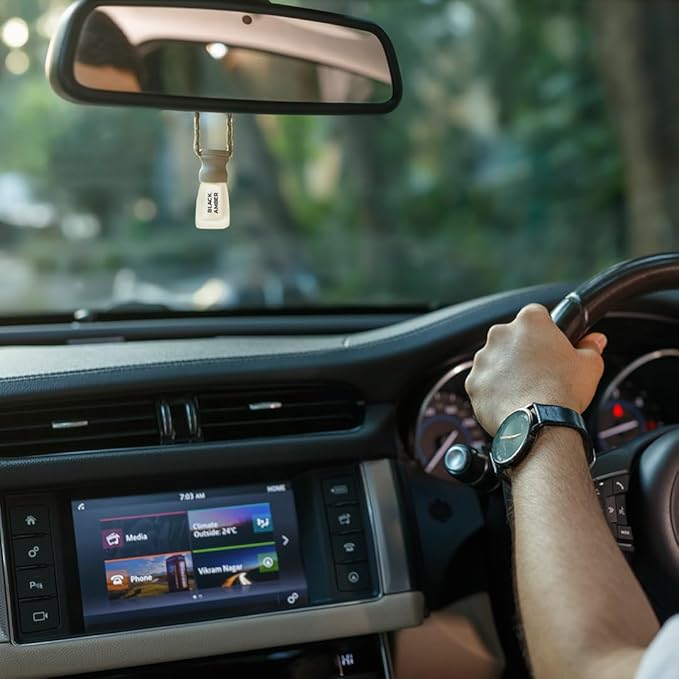 Evair Pack of 2 Hanging Car Air Freshener (Black Amber + Ocean Rush), Car Accessories Interior, Car Perfume Aroma with Essential Oils Fragrance in Glass Bottle with Wooden Diffuser Lid (3ml Each)