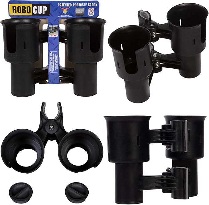 ROBOCUP, Patented Boat Cup Holder, Clamp on Portable Storage Caddy Securely Holds 2 Drinks, Fishing Poles, Tools, Marine Gear | Perfect for Boating, Beach Umbrellas, Golf Carts