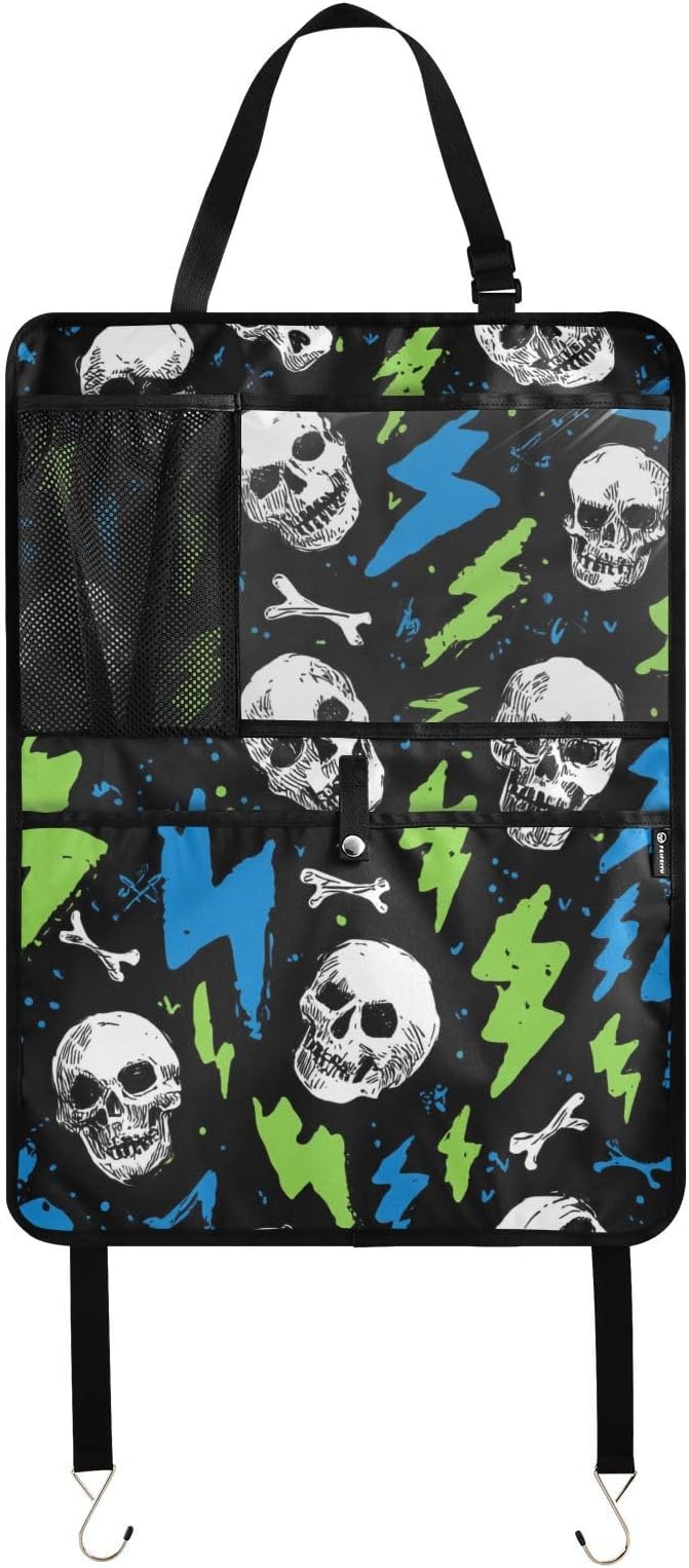 1 Pack Back Seat Car Organizer with Storage Pockets Kick Mats Back Seat Protector Hanging Car Organizer Automotive Seat Back Cover Organizers Skull Lightning Colorful