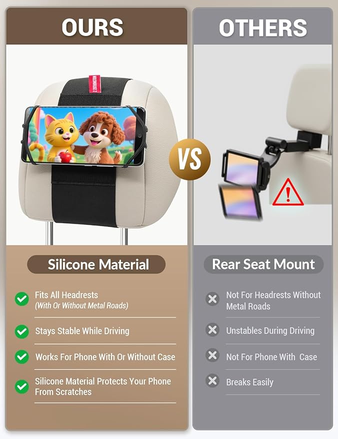 Silicone Car Phone Holder, Adjustable Phone Headrest Mount Compatible with iPhone 17 16 15 14 Pro Max, Samsung Galaxy S25, S25 Ultra and other 3.5 - 7 Inch Cell Phones for Kids in Back Seats - 2 Pack