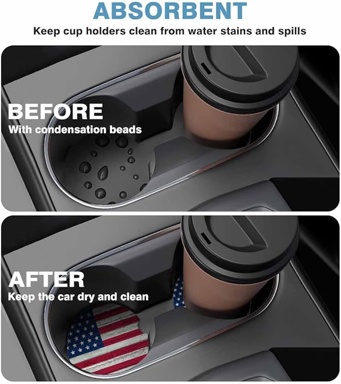 Patriotic Car Coasters for Cup Holders Flag Stars Stripes Graffiti Car Cup Holder Coasters 2 Pack for Car, Anti Slip Ceramic Car Cup Mat with Finger Notch Cute Car Interior Accessories for Women Men