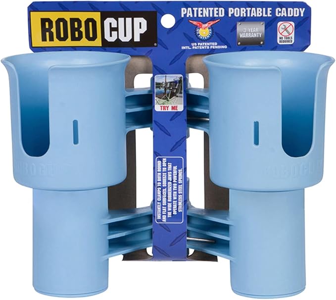 ROBOCUP, Patented Boat Cup Holder, Clamp on Portable Storage Caddy Securely Holds 2 Drinks, Fishing Poles, Tools, Marine Gear | Perfect for Boating, Beach Umbrellas, Golf Carts
