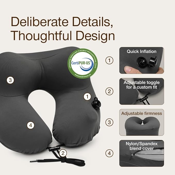 Coop Home Goods AirJustable Travel Neck Pillow, Inflatable, Adjustable Support for Neck & Chin, Compact Travel Pillow, Soft Memory Foam Comfort, Airplane Travel Essentials, Cooling & Washable Cover