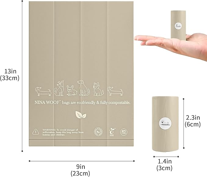 NINA WOOF Dog Poop Bags Rolls - 90 Compostable & Biodegradable for Puppy Walks, Travel, Thick Refill Housebreaking dog poo bags Premium Cornstarch Pet Poo Bags Dogs