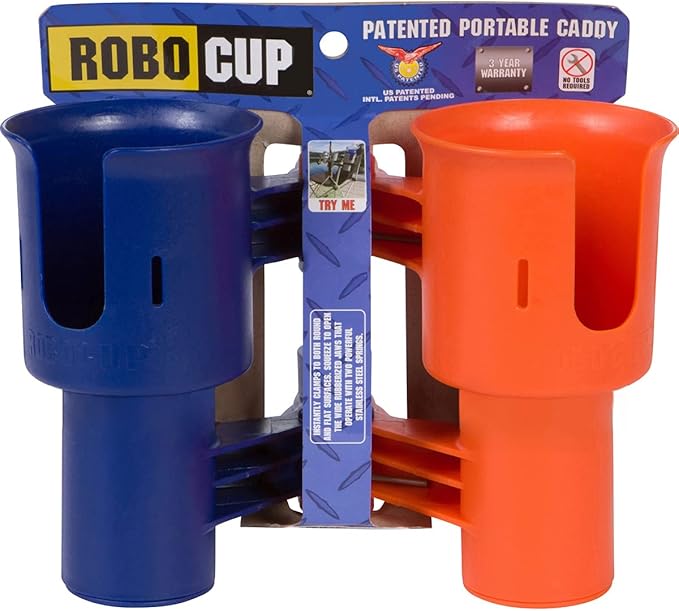 ROBOCUP, Patented Boat Cup Holder, Clamp on Portable Storage Caddy Securely Holds 2 Drinks, Fishing Poles, Tools, Marine Gear | Perfect for Boating, Beach Umbrellas, Golf Carts