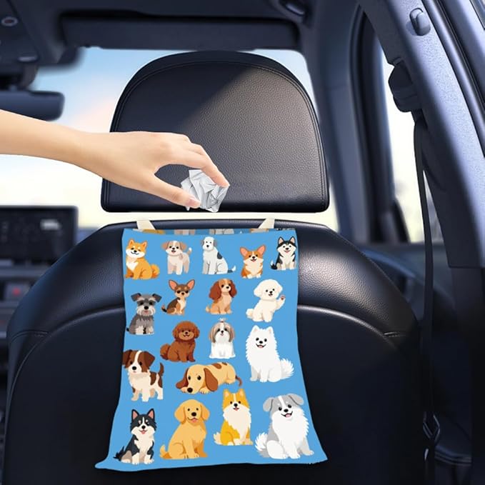Car Trash Can Dog Proof Cute Car Trash Bag Blue Animal Pattern Polyester Washable Waterproof Cute Back Seat Organizer Storage Bin for Vehicle Interior Travel Accessories Reusable Leak Proof
