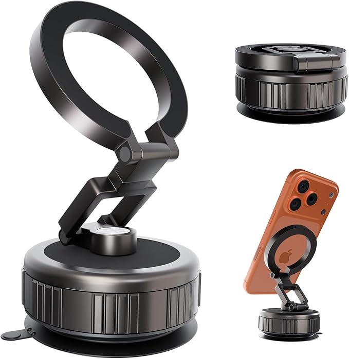 Reinforced Vacuum Magnetic Strong Suction Car Phone Holder,360 Adjustable Car Truck Mount for Magsafe iPhone 17 Pro Max 16 15 14 13 12 Air Plus,Magnet Cell Phone Ring Stand Tripod Automobile Cradles