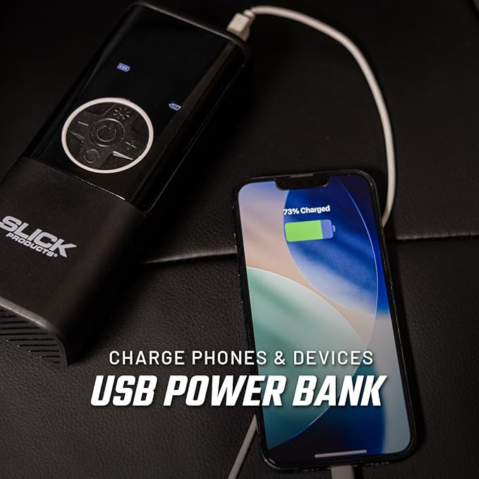 Slick Products Portable Digital Air Pump Tire Inflator – Cordless Rechargeable 150 PSI Pump with LED Flashlight, Power Bank, Presta Valve Adapter, Ball Needle, Power Cord and USB Cable