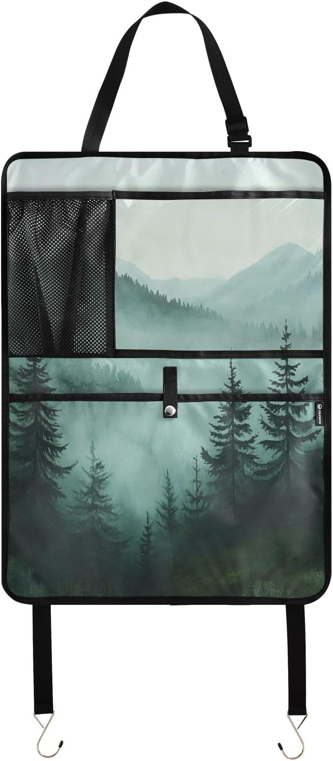 1 Pack Back Seat Car Organizer with Storage Pockets Kick Mats Back Seat Protector Hanging Car Organizer Automotive Seat Back Cover Organizers Green Mountains and Pine Trees