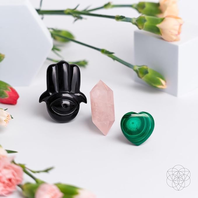 Conscious Items Hamsa Hand of Safe Travels Aromatherapy Crystal Car Kit, Car Vent Clips with Black Obsidian, Rose Quartz, & Green Malachite Crystals for Calm, Protection & Beautiful Drives