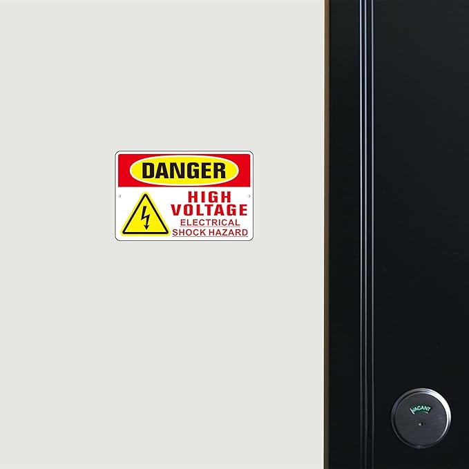 Danger High Voltage Sign, (2 Pack) Self Adhesive Aluminum Metal Electrial Shock Hazard Signs for Indoor Outdoor Use, Rust Free and Reflective Sticker (9 x 6 inches, Red/Yellow)