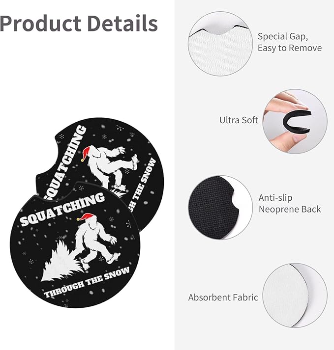 Squatching Through The Snow Bigfoot Christmas Car Coasters for Cup Holders Pack of 2 Neoprene Cup Mat Pad Vehicle Interior Accessories for Men Women