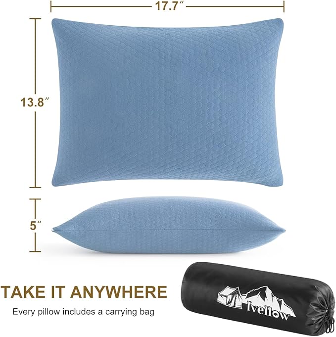 Ivellow Memory Foam Travel Pillow Compressible Camping Pillow for Sleeping Shredded Memory Foam Pillow Compact Firm Supportive Travel Pillow for Adults Kids Outdoor Hiking Essential Gear Blue-M