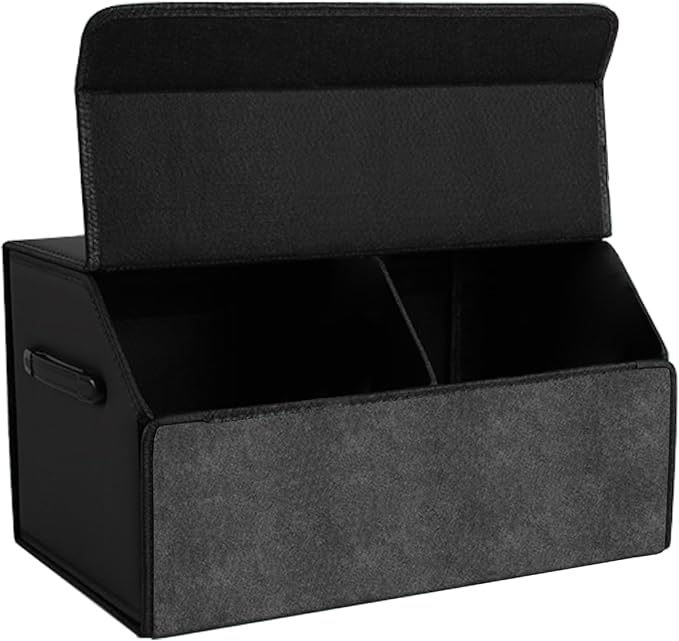Trunk Organizer for Car, Leather Storage Box with Lid, Foldable Trunk Organizer for SUV, Waterproof Cargo Storage Box Collapsible and Adjustable with Magnetic Lock (Black)