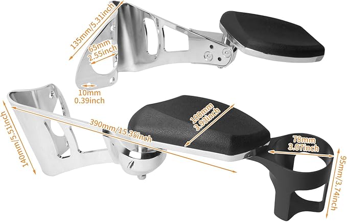 Passenger Armrests with Adjustable Cup Holder Fit for Harley Touring Electra Glide FLHT, Road Glide Ultra FLTR, Tri Glide FLHTCUTG 2014-2024 (Chrome)