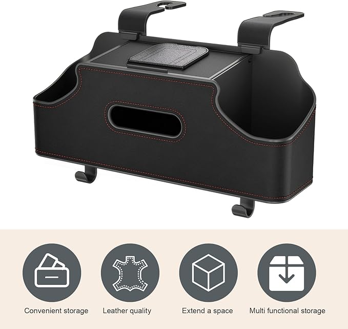 1 PC Car Seat Back Organizer, Car Back Seat Multi-Function Storage Box with 2 Drink Cup Holders, 11.42" x 3.35" Leather Tissue Organizer, Universal for Most Cars, Trucks, SUVs (Black)