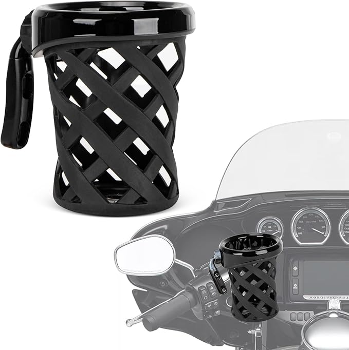 PSLER Motorcycle Drink Cup Holder Handlebar Mount Universal for Dyna Fat Bob Touring Road Glide Street Electra Glide Softail 1996-up Goldwing GL1800 2018-up (Black, 105mm)