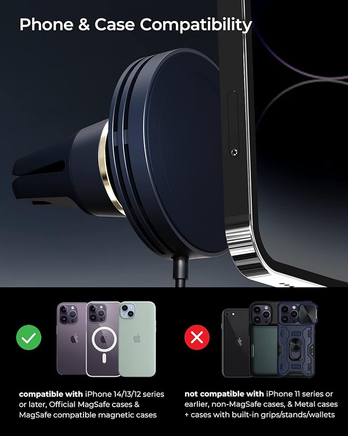 iOttie Velox Mini MagSafe Compatible Air Vent Car Mount in Midnight Blue with Wireless Charging. Compatible with MagSafe iPhones Including iPhone 12/13/14/15/16/17 Series (Car Charger Not Included)