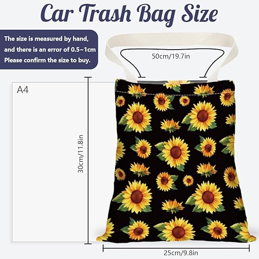 Sunflower Print Car Trash Bag Hanging Garbage Bag with Snap Buttons Car-Back Seat Trash Storage Portable Dustbin for Car Interior Accessories Travel Camping