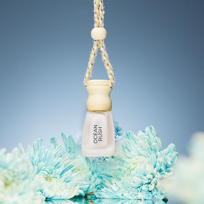 Evair Pack of 2 Hanging Car Air Freshener (Black Amber + Ocean Rush), Car Accessories Interior, Car Perfume Aroma with Essential Oils Fragrance in Glass Bottle with Wooden Diffuser Lid (3ml Each)