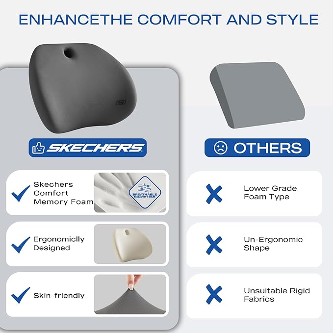 Skechers Lumbar Support Pillow for Office Chair,Memory Foam Lumbar Pillow,Lower Back Pain Relief Lumbar Pillow,Ergonomic Design Back Support Pillow for Office Chair,Car,Home,Travel,Gray