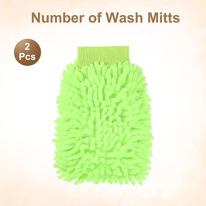 HARFINGTON 2pcs Chenille Microfiber Car Wash Mitts 9.8" x 7.9" Scratch Free Wash Gloves Absorbent Double Sided Plush Cleaning Drying Mitts for Car Washing Home Light Green