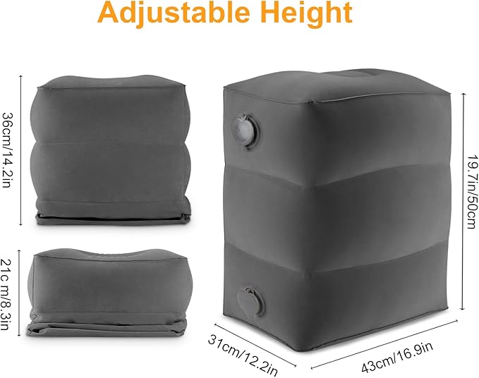 Maliton Inflatable Travel Foot Rest Pillow, Airplane Bed for Kids, Car Foot Leg Rest Pillow, Adjustable Height for Airplane, Car, Train, Home, Office(Dark Grey, 1 Pack)