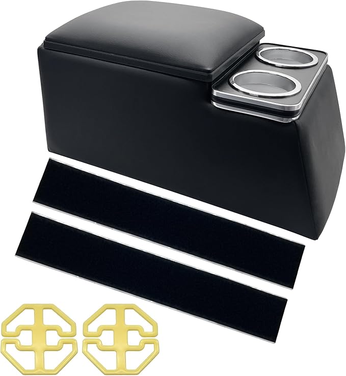 Universal Truck Seat Organizer, Black Storage Box with 2 Cup Holders, Armrest & Padded Lid for Car Organization - Fits SUV & Pickup