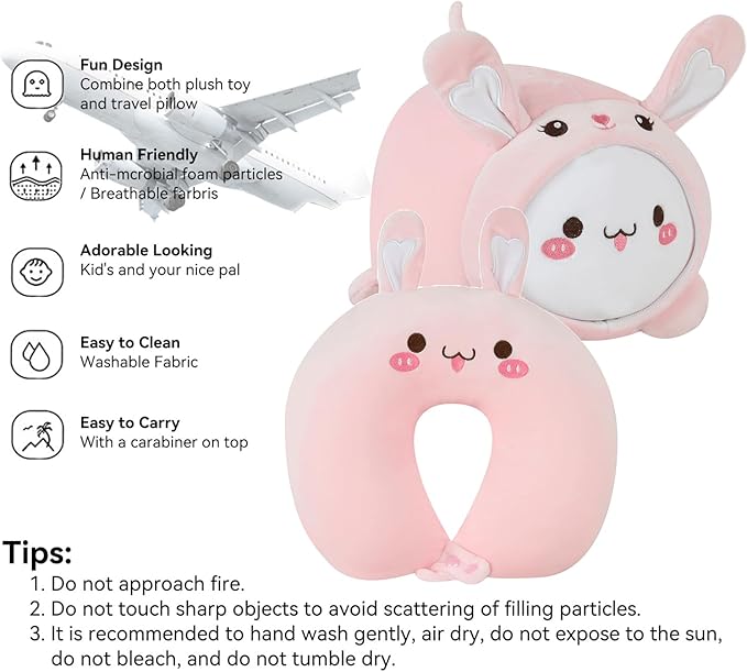 Kids Travel Pillow - 2-in-1 Deformable Kids Neck Pillow for Traveling, Soft U-Shaped Pillow with Adorable Animal Design, Comfy Sleep and Play, Ideal for Airplanes and Traveling (QQ Pink Rabbit)