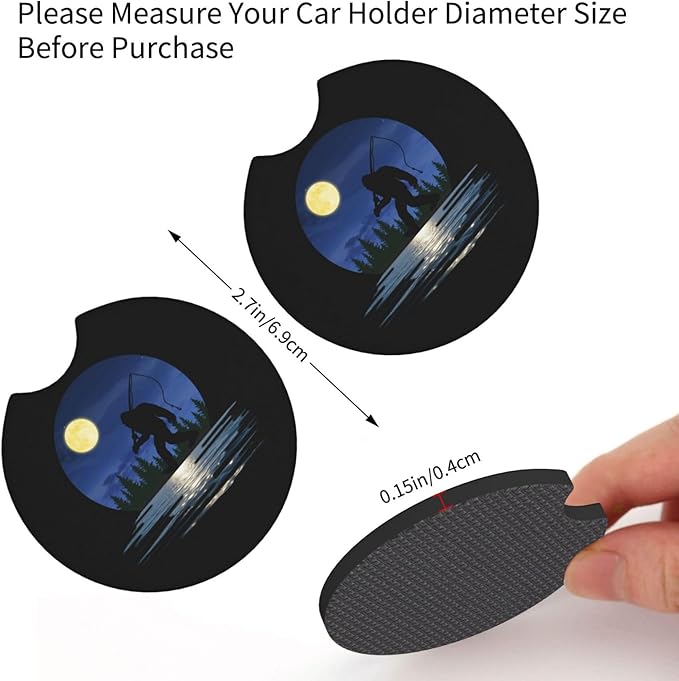 Bigfoot Fishing Car Coasters for Cup Holders Pack of 2 Neoprene Cup Mat Pad Vehicle Interior Accessories for Men Women
