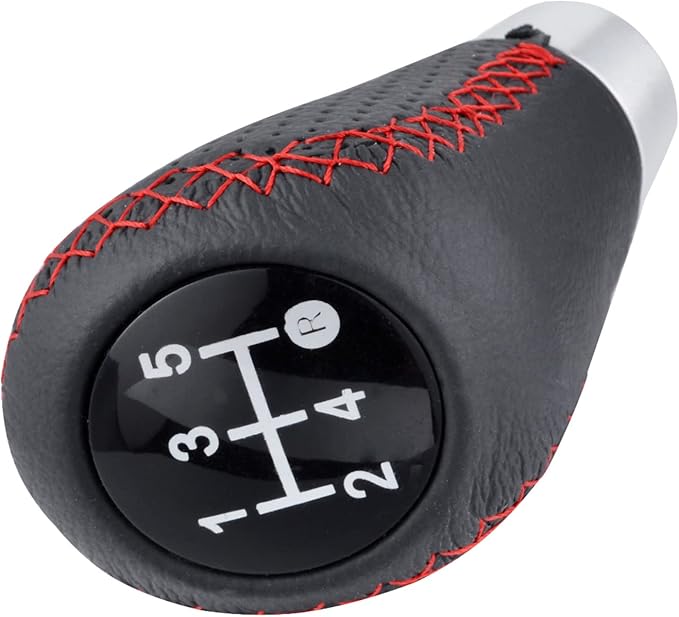 Lunsom 5 Speed Shift Knob, Leather Gear Shifter Knob Alloy Shifting Lever Head Handle Shifting Replacement Head Fit Manual Transmission Vehicles (Red Suture)