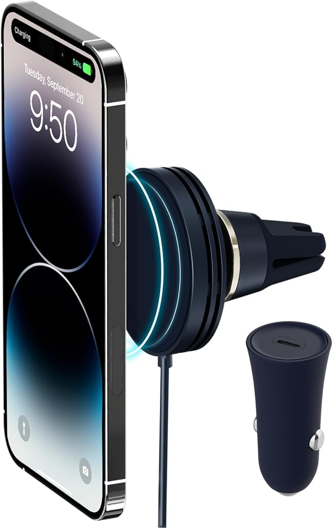 iOttie Velox Mini MagSafe Compatible Air Vent Car Mount in Midnight Blue with Wireless Charging. Compatible with MagSafe iPhones Including iPhone 12/13/14/15/16/17 Series (Car Charger Included)