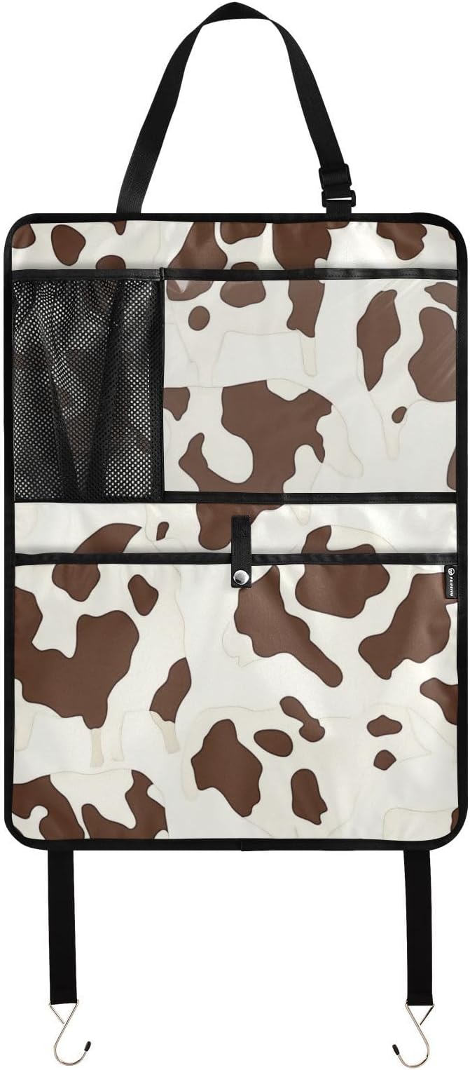 Brown Cow Print 1 Pack Backseat Car Organizer with Storage Pockets Seat Back Organizers for Kids Kick Mats Backseat Protector Automotive