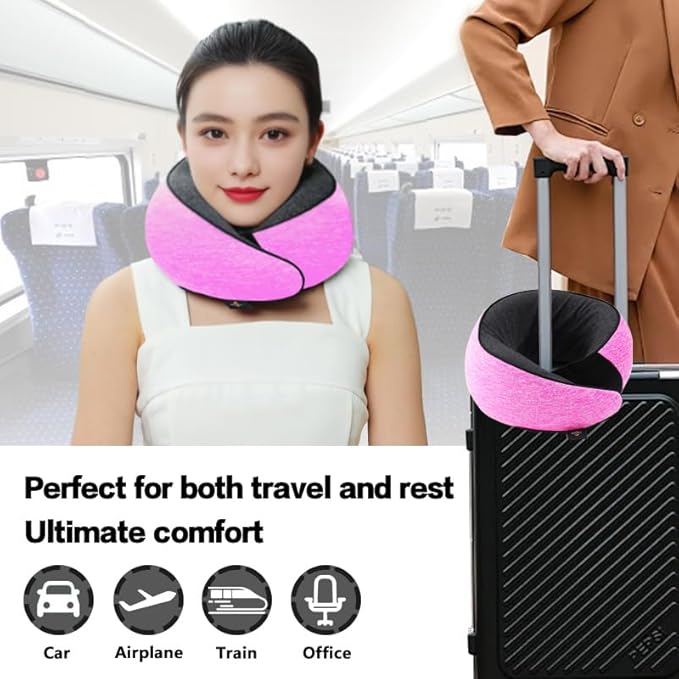 Travel Neck Pillow | Memory Foam Neck Pillow, New Portable U-Shaped Pillow with Neck Support, Washable Cover, Compact for Plane, Office, Bus, Train, Sofa, Nap–Includes Storage Bag - Pink