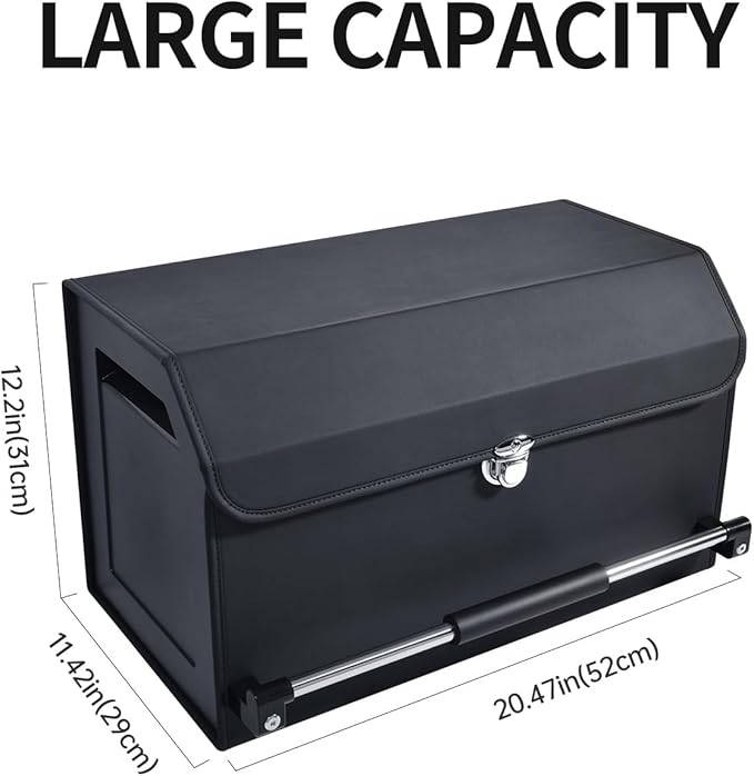 Car Trunk Organizer, Push-pull Handle, Leather Collapsible 2 Compartments Car Organizers with Lid, Car Trunk Storage Organizer, Suitable for All Kinds of Cars, SUV, Minivan (Large, Black)