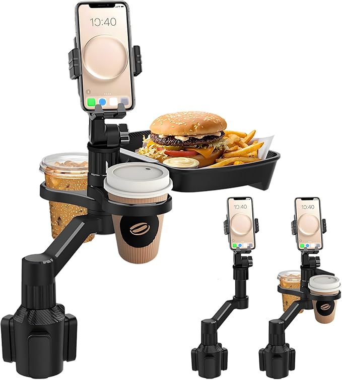Car Cup Holder Tray - 4 in 1 Adjustable Car Cup Holder Expander with 360° Rotatable Food Tray Table and Phone Mount for Driver and Front Passenger, Automotive Road Trip Essentials