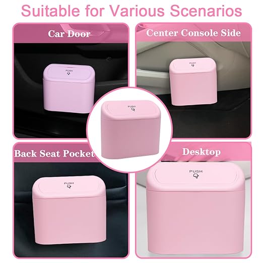 Car Trash Can Bin with Lid - 2 Packs Universal Vehicle Mini Leakproof Garbage Can Bin with 40pcs Trash Bags Can Organizer Storage for Front Back Seat Accessories for Auto Office Bedroom Home(Pink)