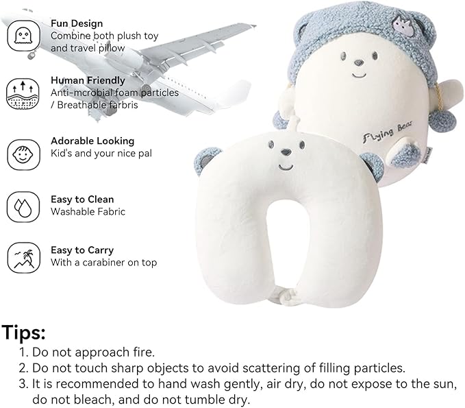Kids Travel Pillow - 2-in-1 Deformable Kids Neck Pillow for Traveling, Soft U-Shaped Pillow with Adorable Animal Design, Comfy Sleep and Play, Ideal for Airplanes and Cars - Blue Bear