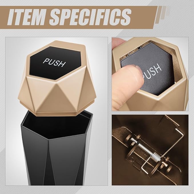 Auto Dynasty Car Trash Can with Lid, Pack of 2 Compact 3" Garbage Bins Bottle Holder, 0.5L Capacity Car Interior Storage Organizer Container for Home Office, Gold